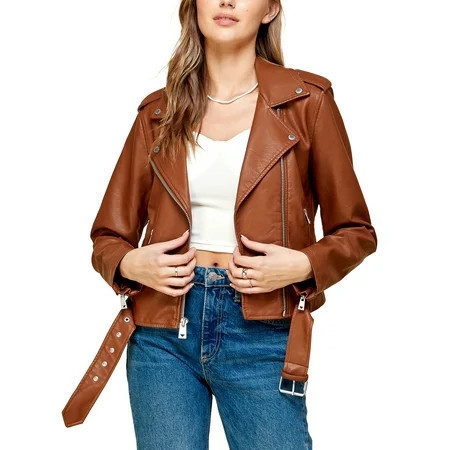Made by Johnny Women's Asymmetrical Faux Lether Belted Moto Jacket M CAMEL | Walmart (US)