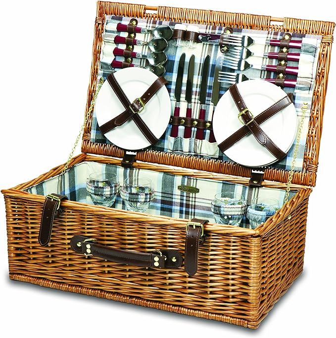 PICNIC TIME 207-50-404-000-0 Newbury Picnic Baskets, 22 x 9 x 14, Navy Blue & Burgundy Plaid Patt... | Amazon (US)