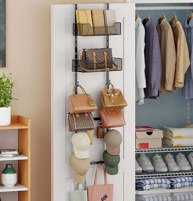 Over The Door Purse Organizer,Purse Storage Rack with 12 Hooks and 2 Adjustable Metal Basket,for ... | Amazon (US)