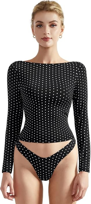 SUUKSESS Women Long Sleeve Shirts Double Lined Crew Neck Fitted Crop Top | Amazon (US)
