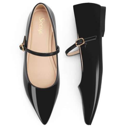 Soesyi Women's Mary Jane Flats Pointed Toe Closed Ballet Flats，Lightweight,Size 11，Black Patent | Amazon (US)