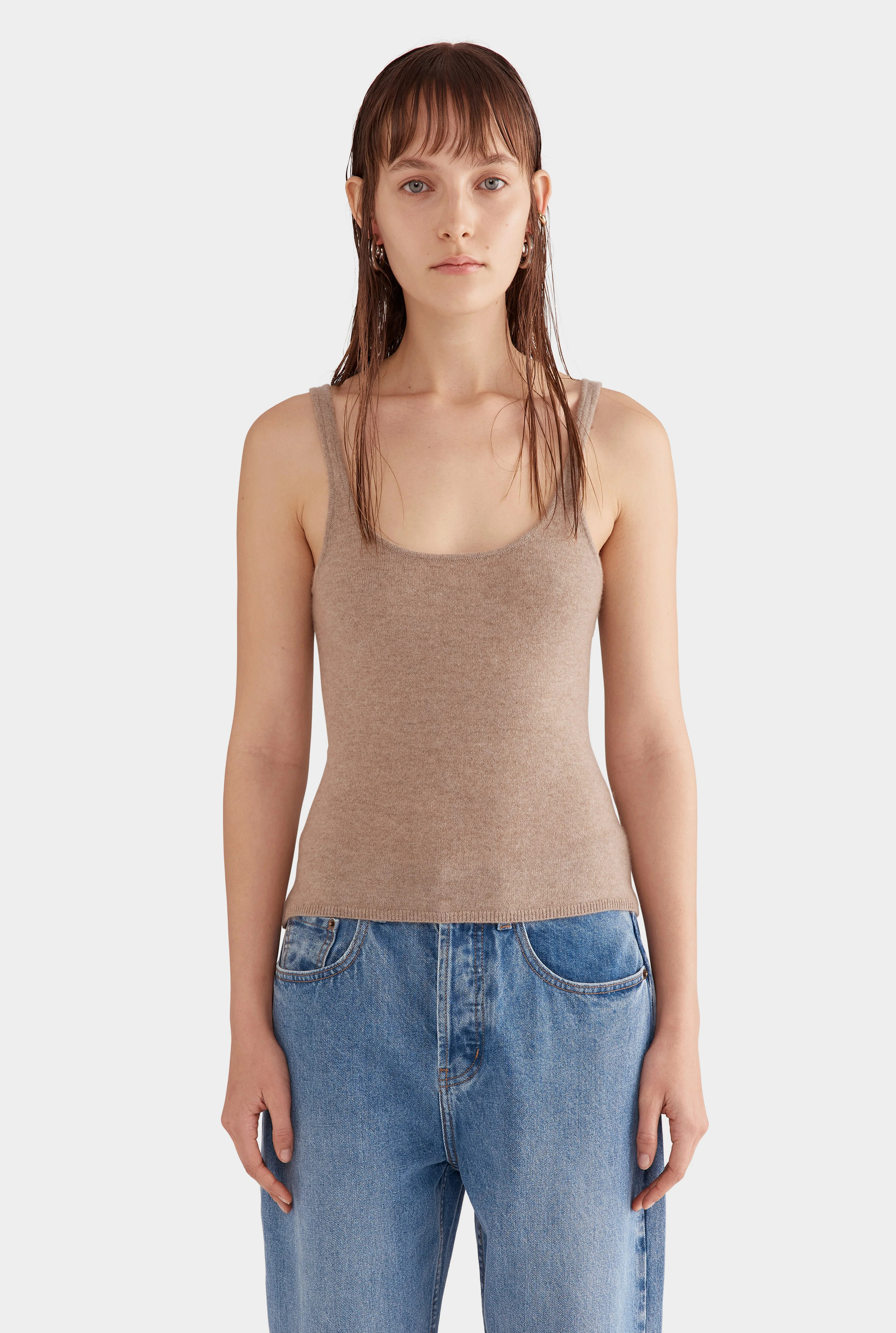 Womens Thin Strap Cashmere Tank Stone Marl | Venroy | Venroy AU