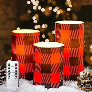 CHERIMENT Buffalo Plaid Decor Flameless Candles, Flickering Christmas Theme Flameless Candles wit... | Amazon (US)