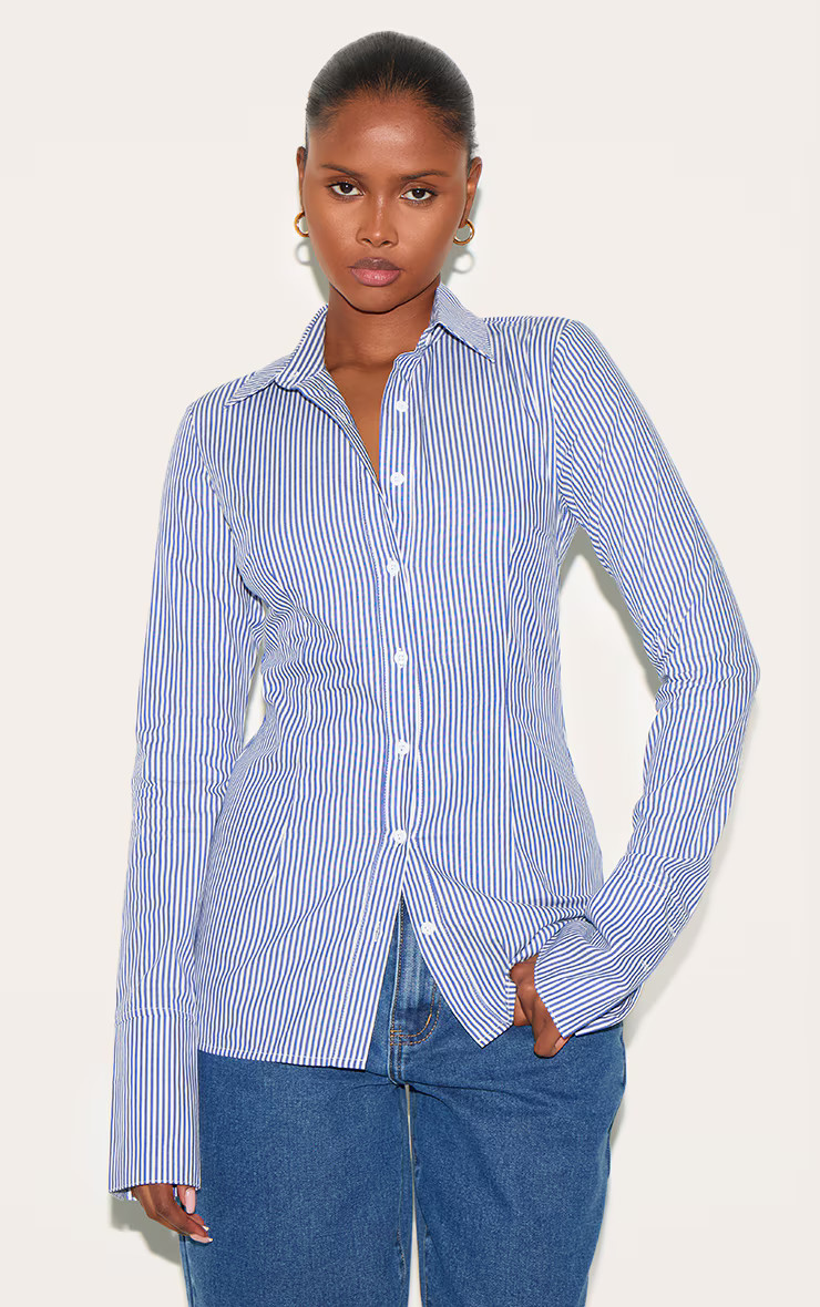 Blue Pinstripe Woven Fitted Shirt | PrettyLittleThing UK