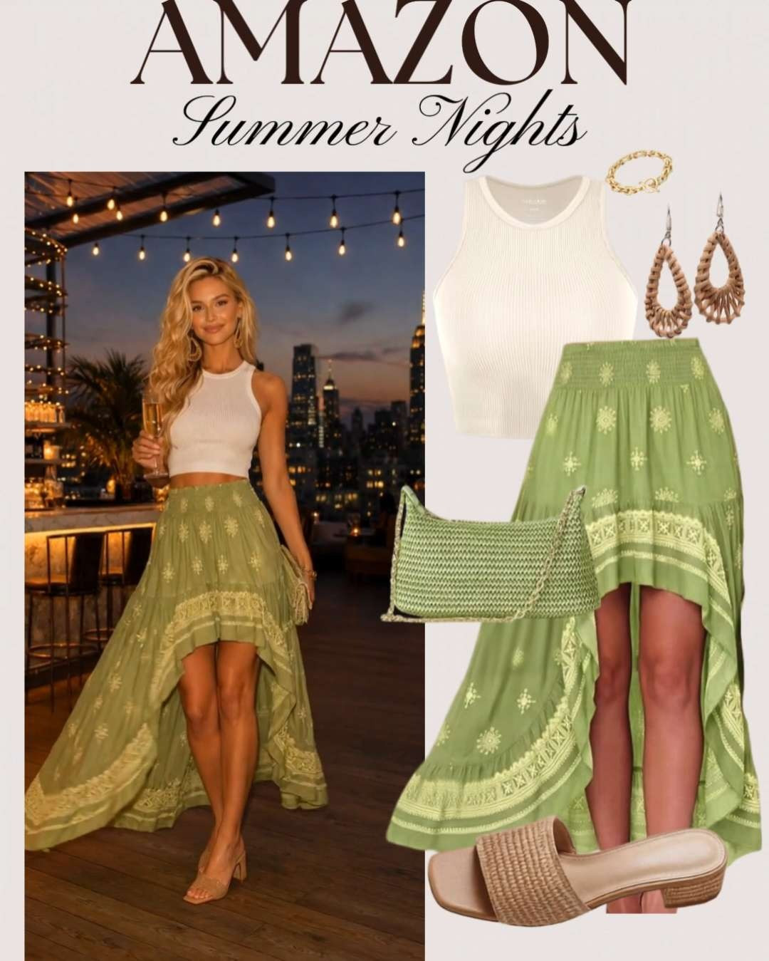 Summer Nights Fit 🌿 | Amazon Outfit Ideas for Vacation, Rooftop Drinks & Date Night Looking for the perfect summer night outfit? This chic Amazon fashion look features a white ribbed tank top paired with a flowy green high-low skirt, woven heels, statement earrings, and a matching clutch. Whether you're headed to a rooftop bar, vacation dinner, girls' night out, or a summer date night, this effortless outfit is equal parts classy and comfortable. Save this pin for your next warm-weather outfit inspiration! #SummerNightsFit #AmazonFashion #SummerOutfitIdeas #VacationStyle #DateNightOutfit #RooftopBarStyle #ResortWear #Over40Fashion #AmazonFinds #SummerFashion2026 #VacationOutfits #ChicStyle #WomensFashion #FashionInspo #EffortlessStyle