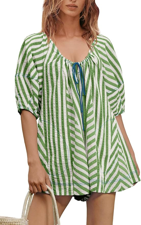 ReachMe Womens Summer Striped Rompers Oversized Puff Sleeve Wide Leg Romper Dress Trendy Beach Va... | Amazon (US)