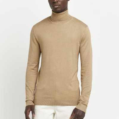 Stone slim fit long sleeve roll neck jumper | River Island (UK & IE)
