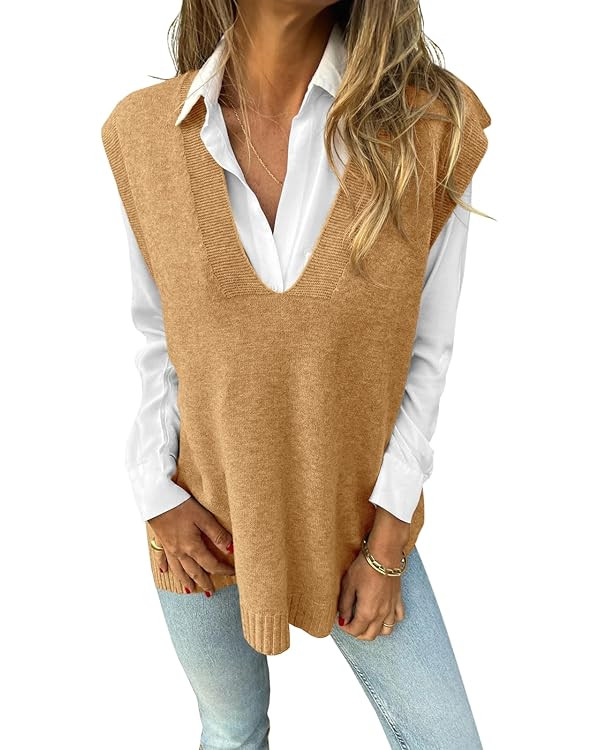Danedvi Women's Oversized V Neck Knit Sweater Vest Sleeveless Casual Trendy Ribbed Pullover Tank ... | Amazon (US)