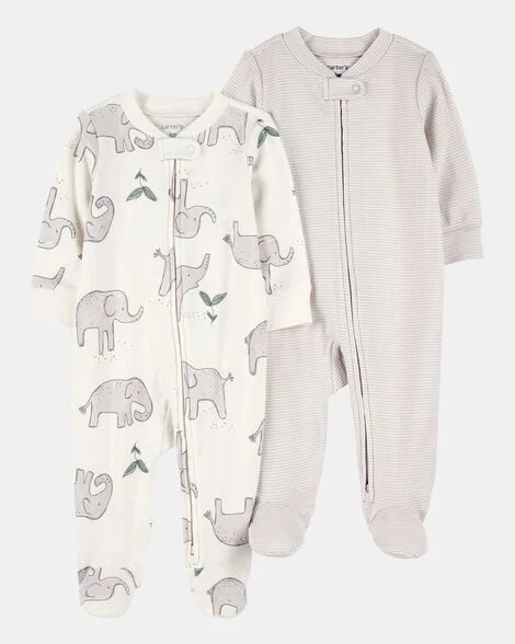 2-Pack Striped Elephant 2-Way Zip Cotton Sleep & Play Pajamas - Grey | Carter's Inc