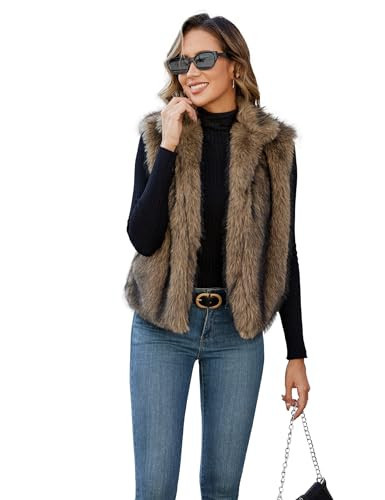 FIOPHY Womens Faux Fur Vest Stand Collar Sleeveless Open Front Cardigan Top Fuzzy Coats Jacket Fluffy Outwear with Pockets - Golden Camel L | Amazon (US)