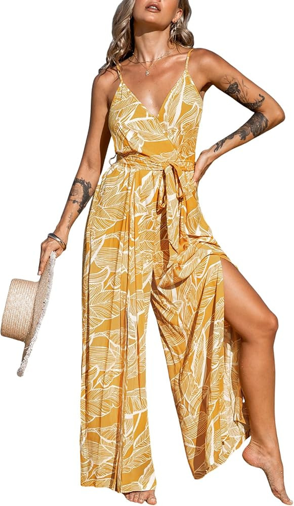 CUPSHE Women's Jumpsuits Floral Tropical Wide Leg Jumpsuit Sleeveless Overall V Neck Outfit Casua... | Amazon (US)