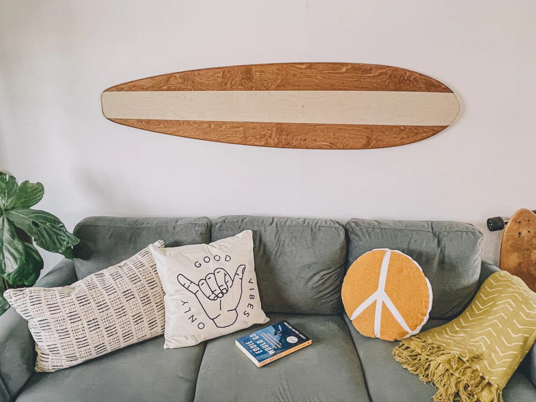 Boho Inspired Natural Stripe Longboard Wall Hanging. Wooden Surfboard Wall Art With a Natural Two... | Etsy (US)