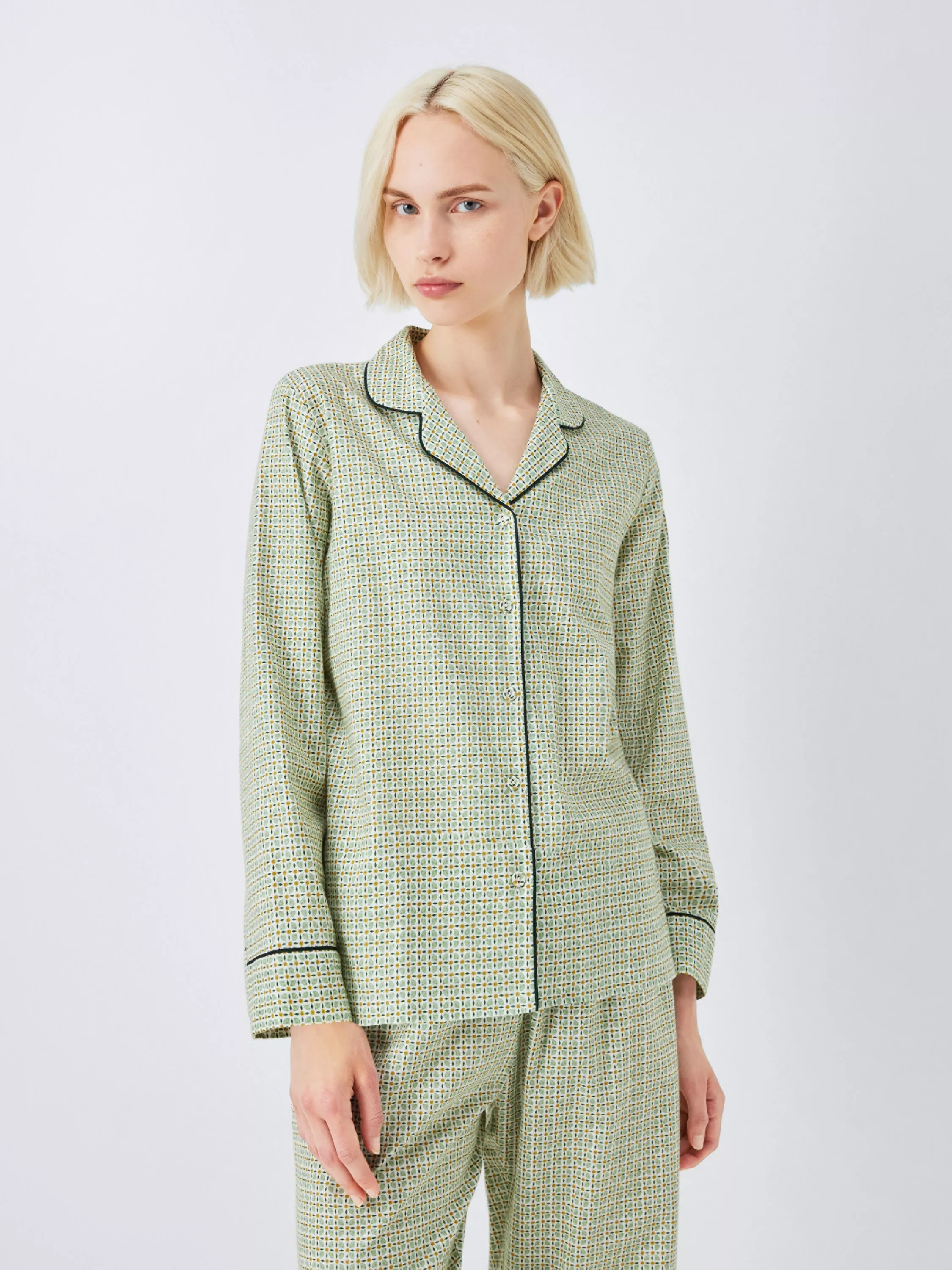 John Lewis Highland Geometric Brushed Cotton Long Pyjama Set, Green | John Lewis (UK)