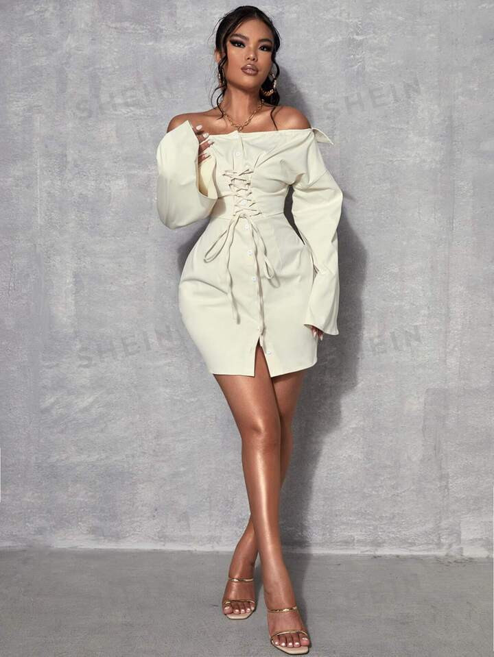 SHEIN SXY Off Shoulder Lace Up Front Dress | SHEIN