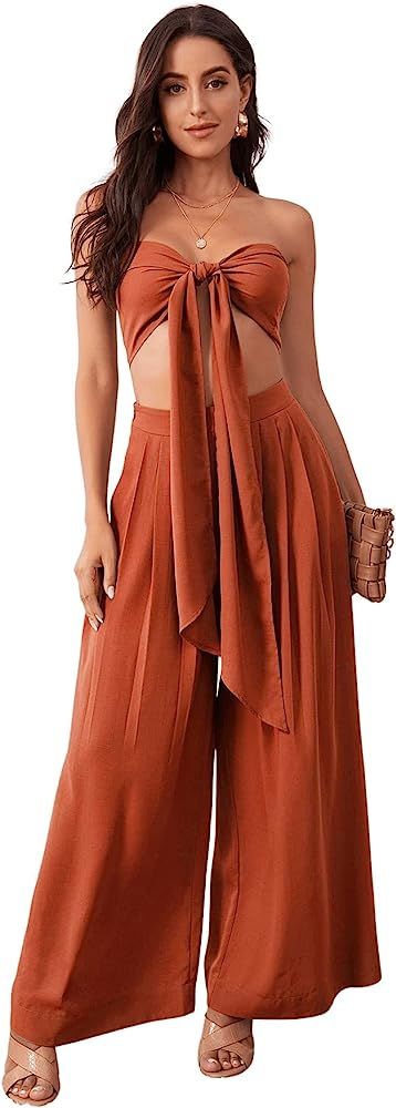 SweatyRocks Women's 2 Piece Sexy Outfits Sleeveless Tie Front Crop Top Wide Leg Pants Set | Amazon (US)