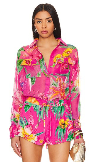 Megan Button Up Shirt in Pink Floral | Revolve Clothing (Global)