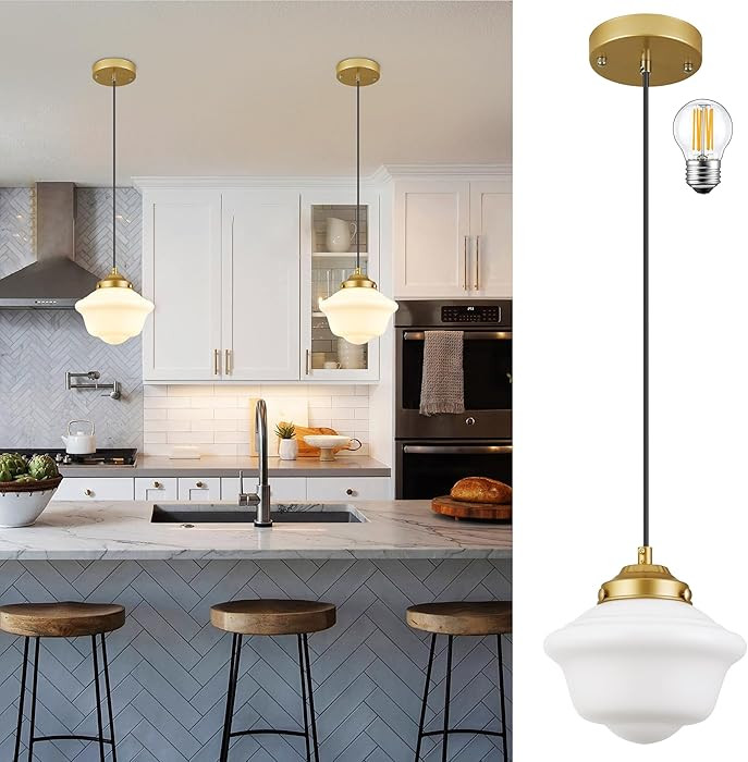 Gold Schoolhouse Light Fixture 8" Milk Glass Light Fixture Mid Century Pendant Light | Amazon (US)