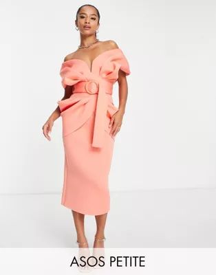 ASOS DESIGN Petite drape shoulder belted midi dress in pink | ASOS (Global)