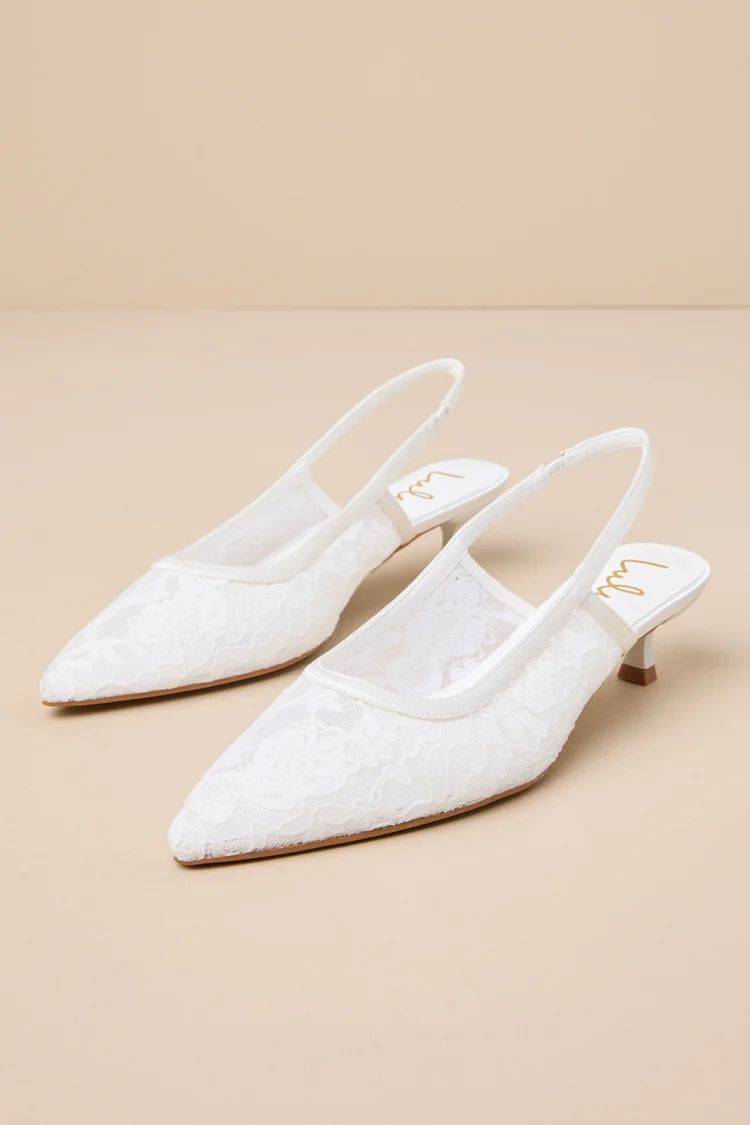 Lilas White Lace Pointed-Toe Slingback Kitten Heel Pumps | Lulus