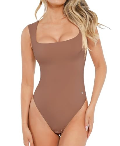 Popilush Brown Bodysuits for Women - Sleeveless Square Neck Thong Bodysuit Tummy Control Going Out Double Lined Corset Tops | Amazon (US)