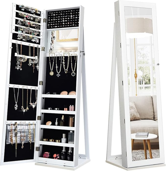 CHARMAID Standing Jewelry Armoire with Tall Full Length Mirror, 2-in-1 Lockable Jewelry Cabinet O... | Amazon (US)