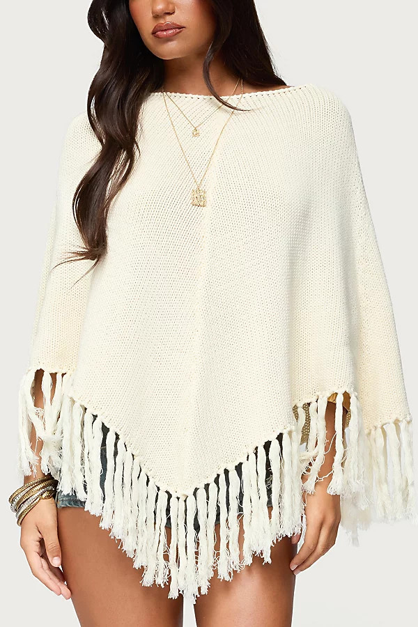 Edikted Kamila Fringe Knit Poncho Top in Cream, Women's at Urban Outfitters | Urban Outfitters (US and RoW)