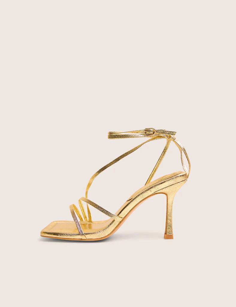 Clover Gold Metallic Square Toe Wrap Around Mid Heels | Public Desire