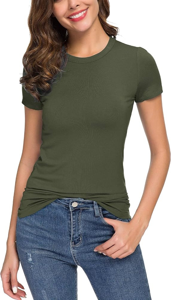 Women's Crewneck Slim Fitted Short Sleeve T-Shirt Stretchy Bodycon Basic Tee Tops | Amazon (US)