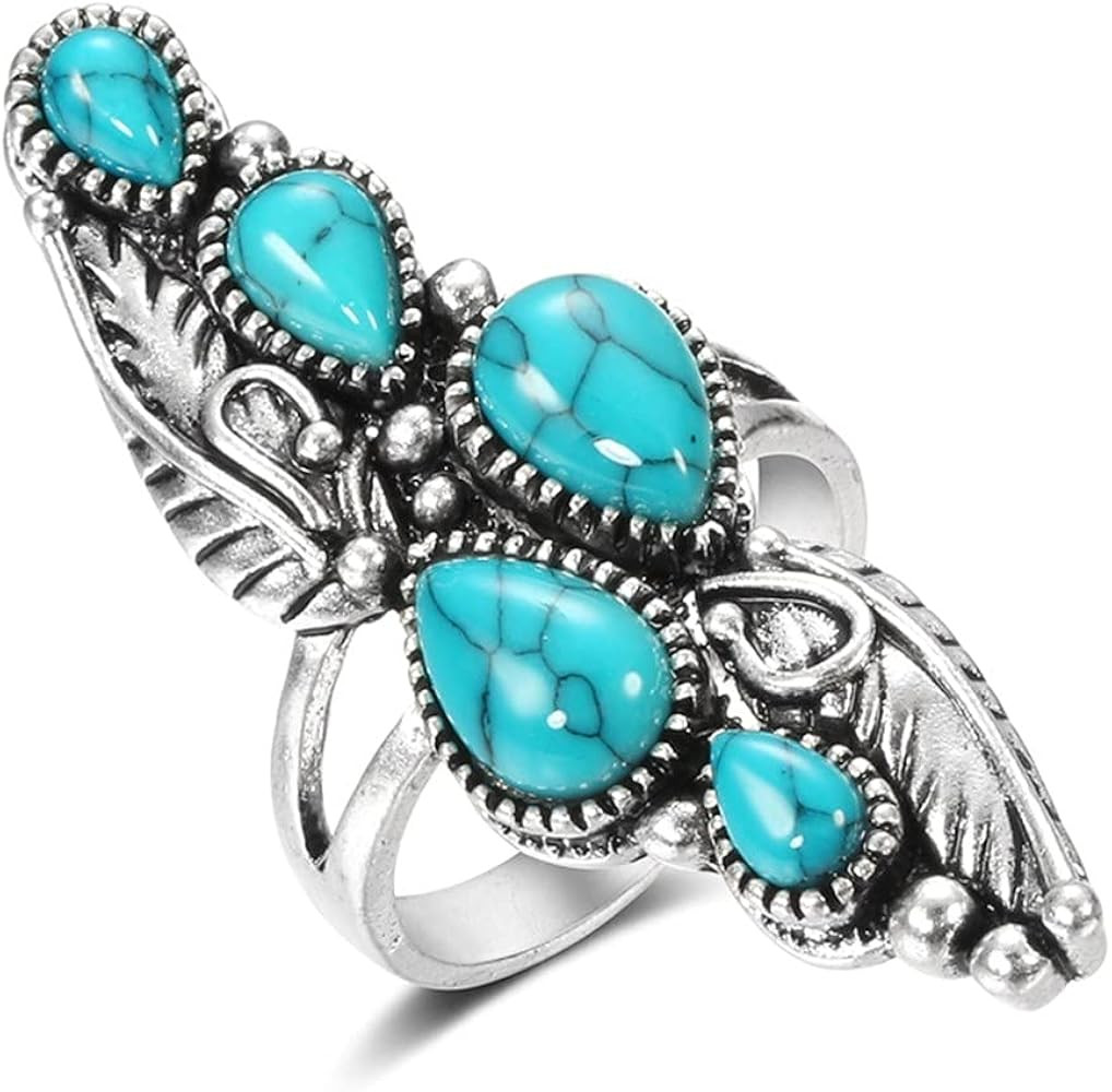 LadayPoa Vintage Blue Synthetic-Turquoise Ring Teardrop-shaped Stone Ring Tibet Silver Plated Fas... | Amazon (US)