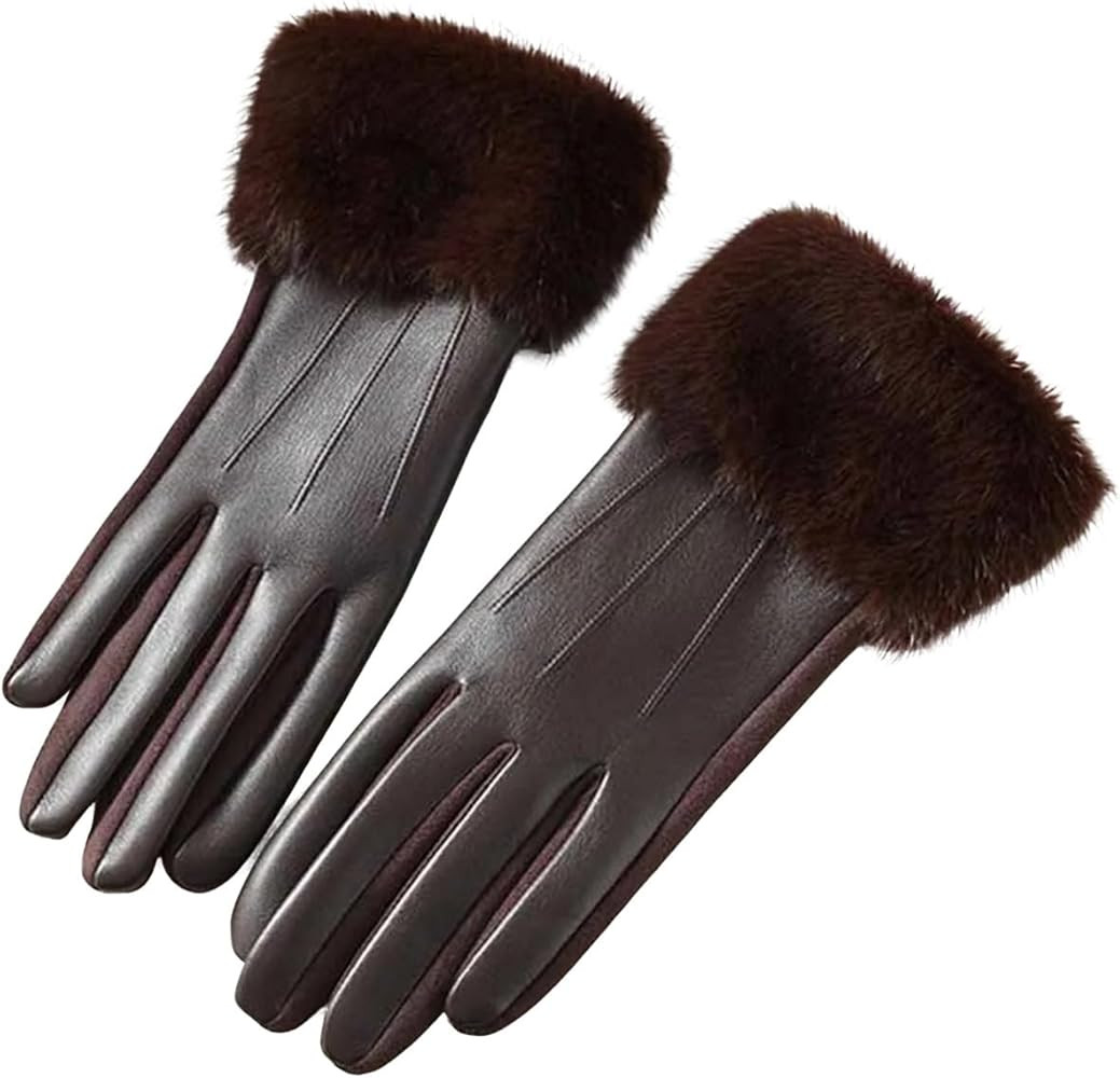 Winter PU Leather Gloves for Women, Warm Soft Faux Fur Trim Gloves for Outdoor | Amazon (US)