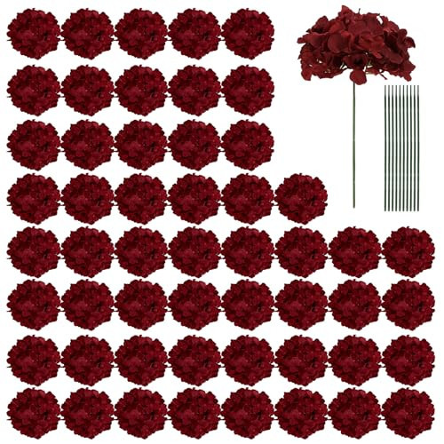 Auihiay 104 PCS Burgundy Hydrangea Artificial Flowers, Silk Hydrangea Heads with Stems, Fake Flowers for DIY Wedding Centerpiece, Baby Shower, Home Party Garden Decoration (Burgundy) | Amazon (US)