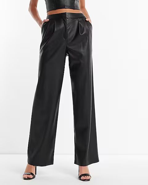 Super High Waisted Faux Leather Pleated Wide Leg Pant | Express