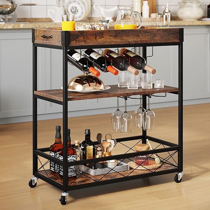 YITAHOME Industrial Bar Carts for The Home, Mobile Serving Cart on Wheels with Removable Wood Top... | Amazon (US)