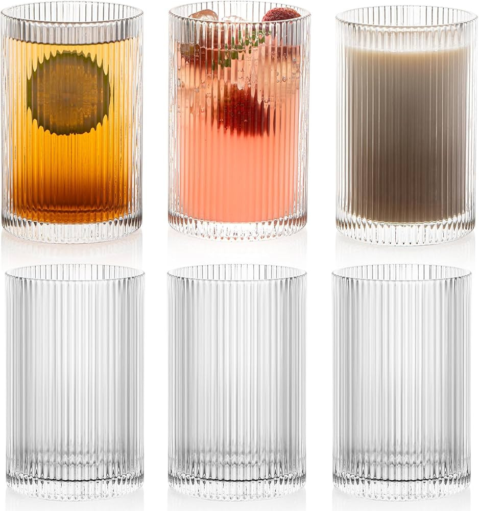 Vintage Ribbed Glassware Set: 6pcs 16.9oz XL Drinking Glasses, Fluted Ripple Drinkware, Origami S... | Amazon (US)