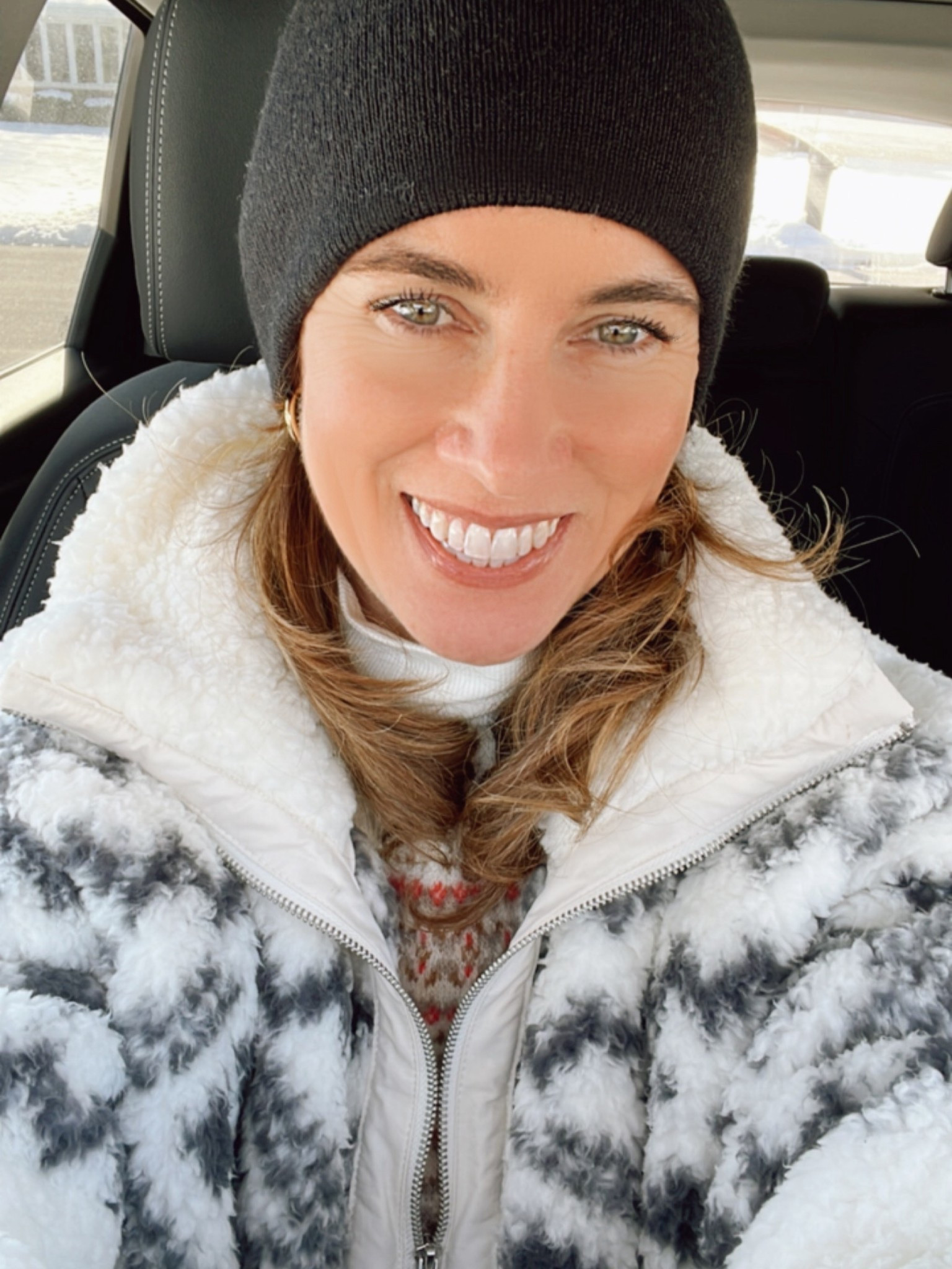 Cozy winter white and black fleece with fair isle sweater and cold weather knit beanie. Winter outfit for over 40 girls.  

#LTKActive #LTKSeasonal #LTKOver40