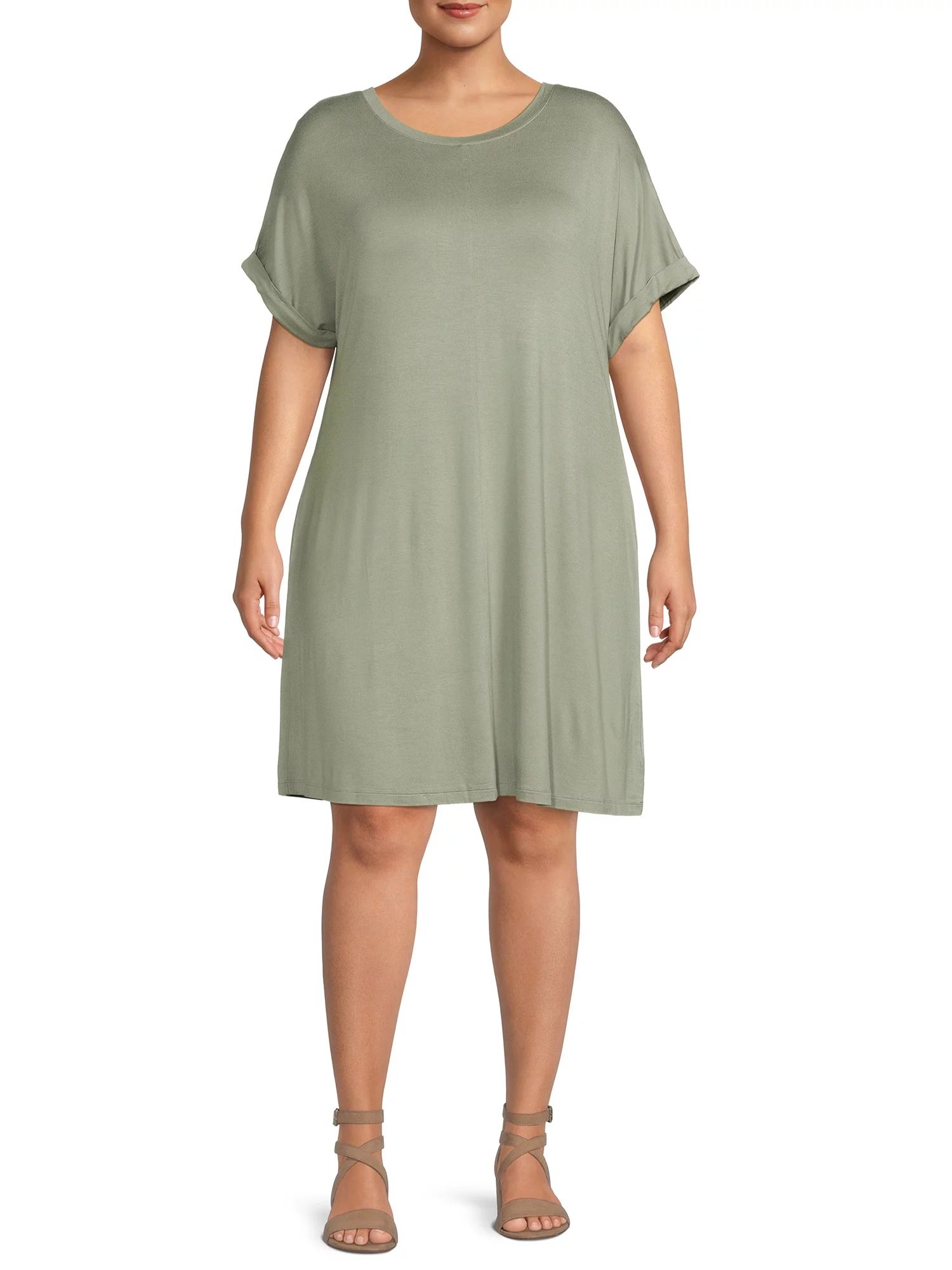 Terra & Sky Women's Plus Size Roll Cuff T-Shirt Dress - Walmart.com | Walmart (US)