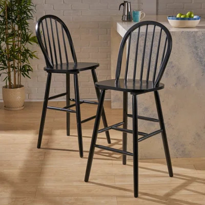 Classic Farmhouse Style Rubberwood Bar Stool Set of Two for Kitchen Counter or Home Bar Seating with Spindle Back Design and Glossy Black Finish | Wayfair North America