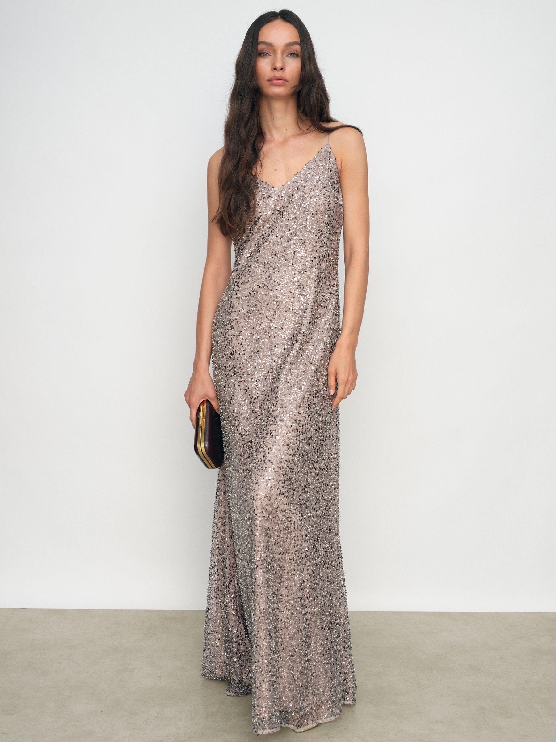 Reiss Sequin Maxi Slip Dress in Silver - REISS | Reiss UK