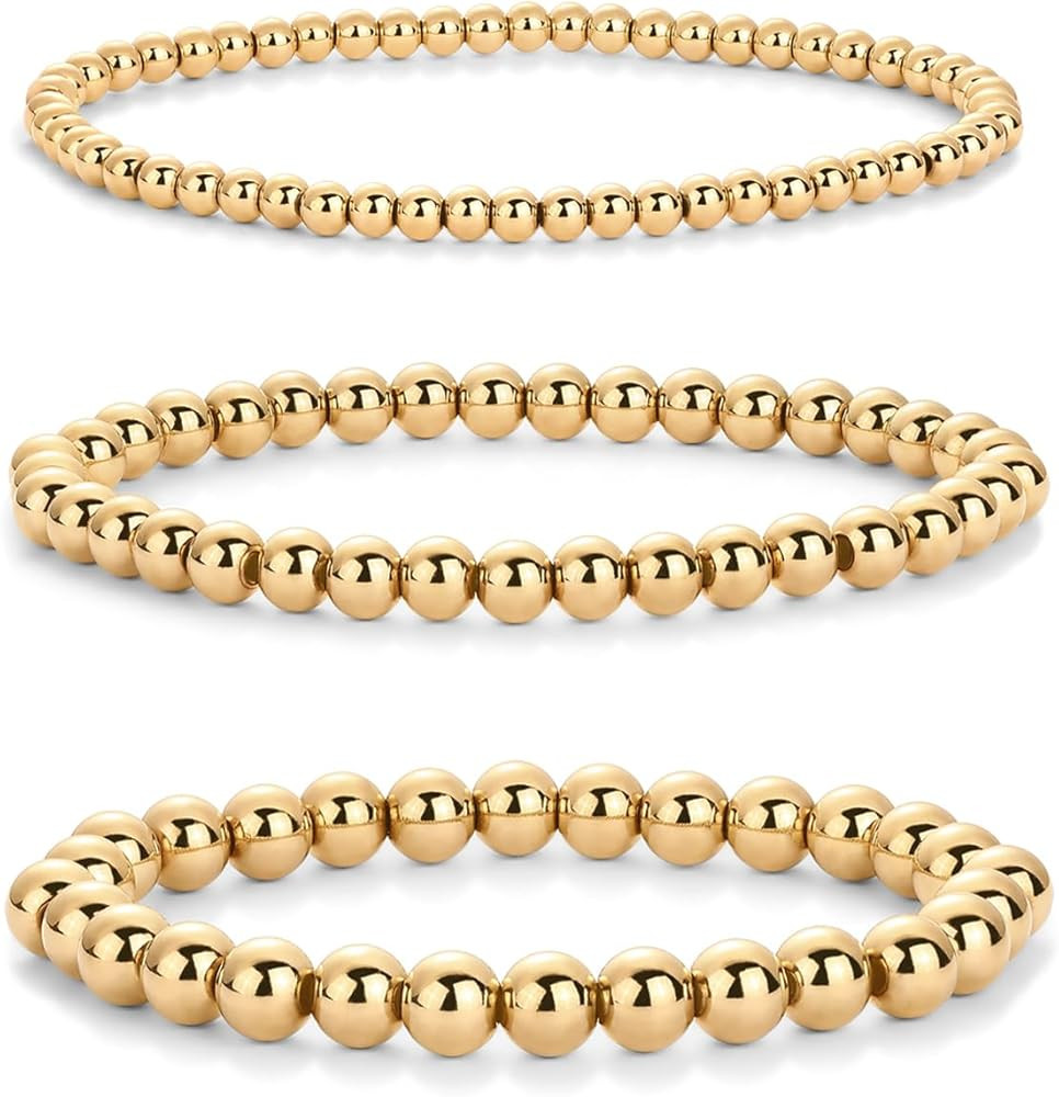 PAVOI 14K Gold Plated Beaded Bracelet Pack for Women | Stainless Steel 3-Piece Stretchy Bracelet ... | Amazon (US)