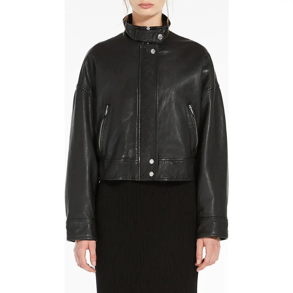 Weekend Max Mara Angel Stand Collar Leather Jacket in Black at Nordstrom, Size 12 | Nordstrom
