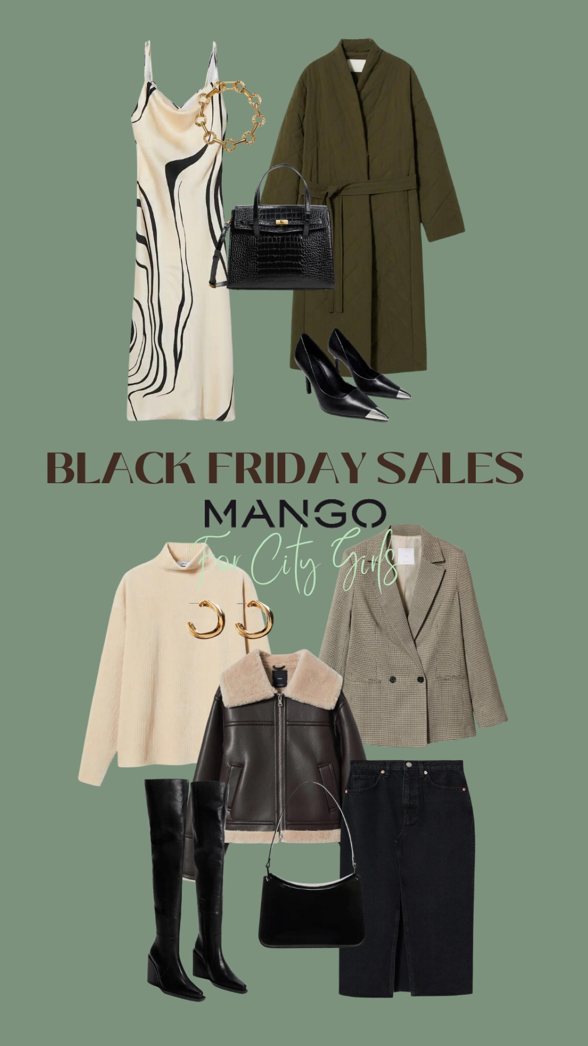 Mango Black Friday sales - for city girls guide 

Shopping guide, for her, Black Friday sales, Black Friday, gift guide, Black Friday deals, city chic wear, minimal chic, clean girl, street style, scandi fashion, stain dress, leather bag, quilted coat, black pumps, cream sweater, checkered blazer, leather shearling jacket, denim skirt, midi skirt, shoulder bag, over knee boots, leg boots, hoop earrings 

#LTKstyletip #LTKSeasonal #LTKHoliday