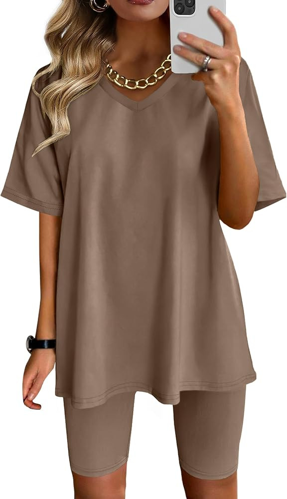 AGSEEM Two Piece Outfits For Women Summer V Neck T-Shirt Tops Biker Shorts Workout Sports Tracksu... | Amazon (US)