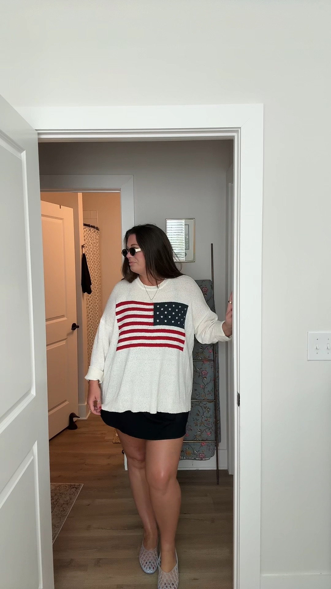wearing a L in the halara tennis dress and an XL in the american sweater xoxo 
