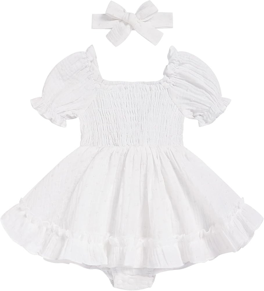 GRNSHTS Baby Girl Romper Dress, Puff Sleeve Smocked Outfit with Headband for Infants Soft Cotton ... | Amazon (US)