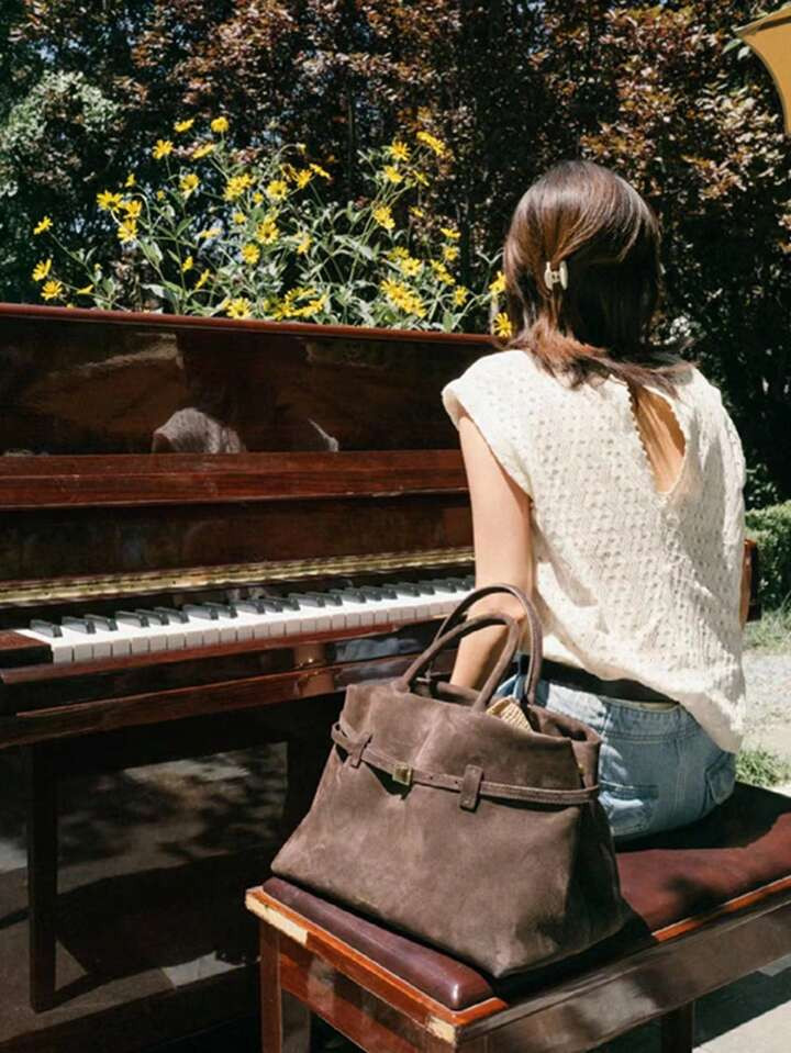 1pc BUTFLY Vintage Style Large Capacity Suede Handbag, Solid Color, Fixed Shoulder Straps, Buckle... | SHEIN