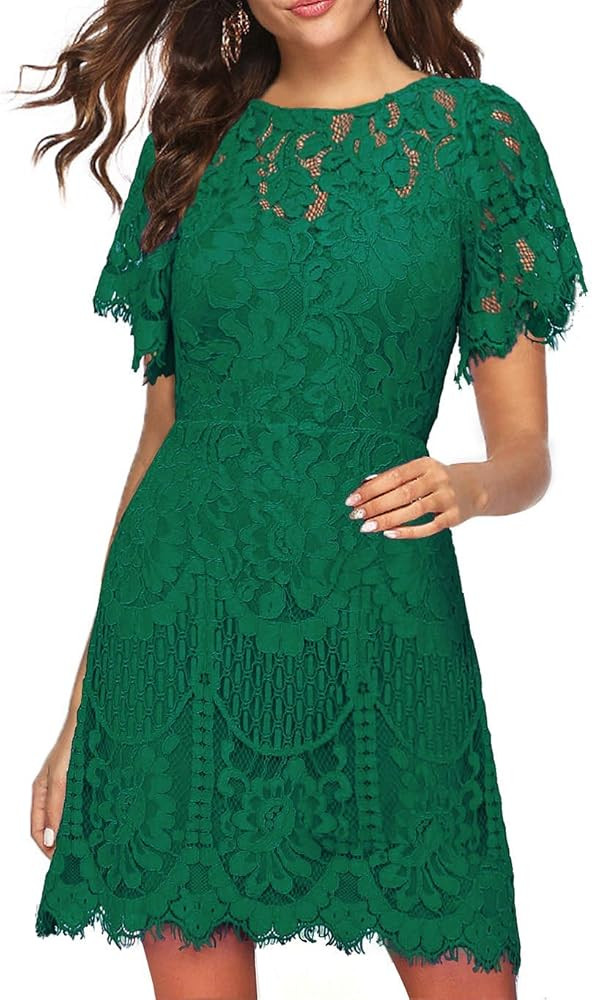 MSLG Women's Elegant Round Neck V-Back Wedding Guest Floral Lace Cocktail Party A Line Dress 910 | Amazon (US)