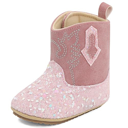 ESTAMICO Baby Girls Embroidery Western Cowgirl Boots Infant Sequin Leather Cowboy Booties Round Toe Ankle High Hook and Loop Shoes, Pink 6-12 Months | Amazon (US)