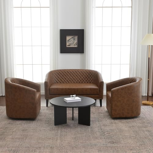 KINWELL 50" Faux Leather Upholstered Loveseat Sofa with 2 Swivel Barrel Accent Chairs, Minimalist Comfy 2-Seater Couch and Armchair for Small Spaces Apartment, Coffee | Amazon (US)