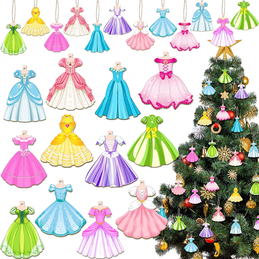Amyhill 24 Pieces Princess Dress Ornaments for Christmas Tree Wooden Princess Hanging Ornaments f... | Amazon (US)