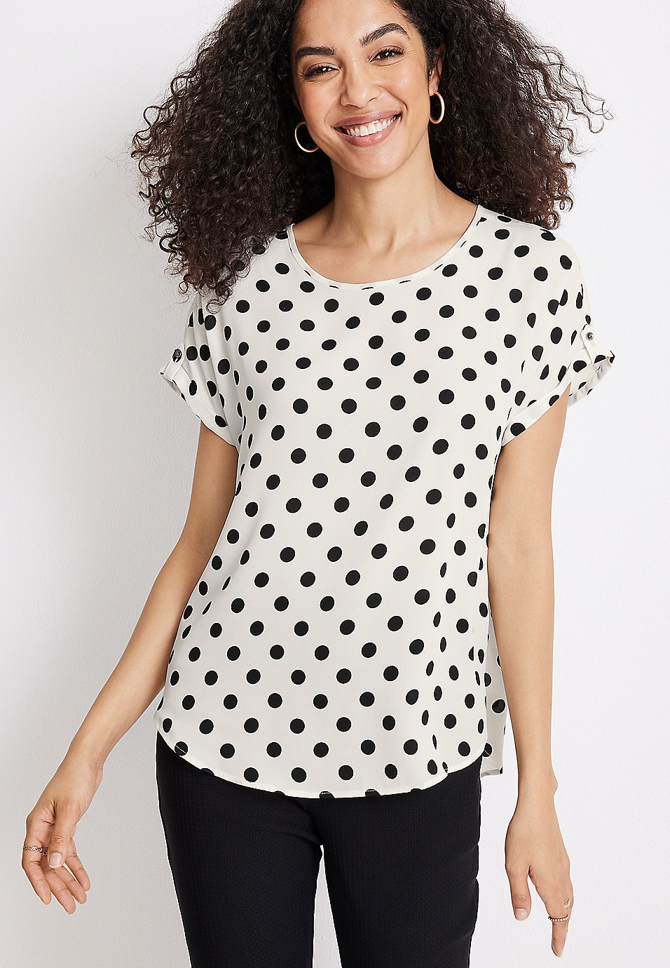 Delton Polka Dot Zipper Back Blouse | Maurices